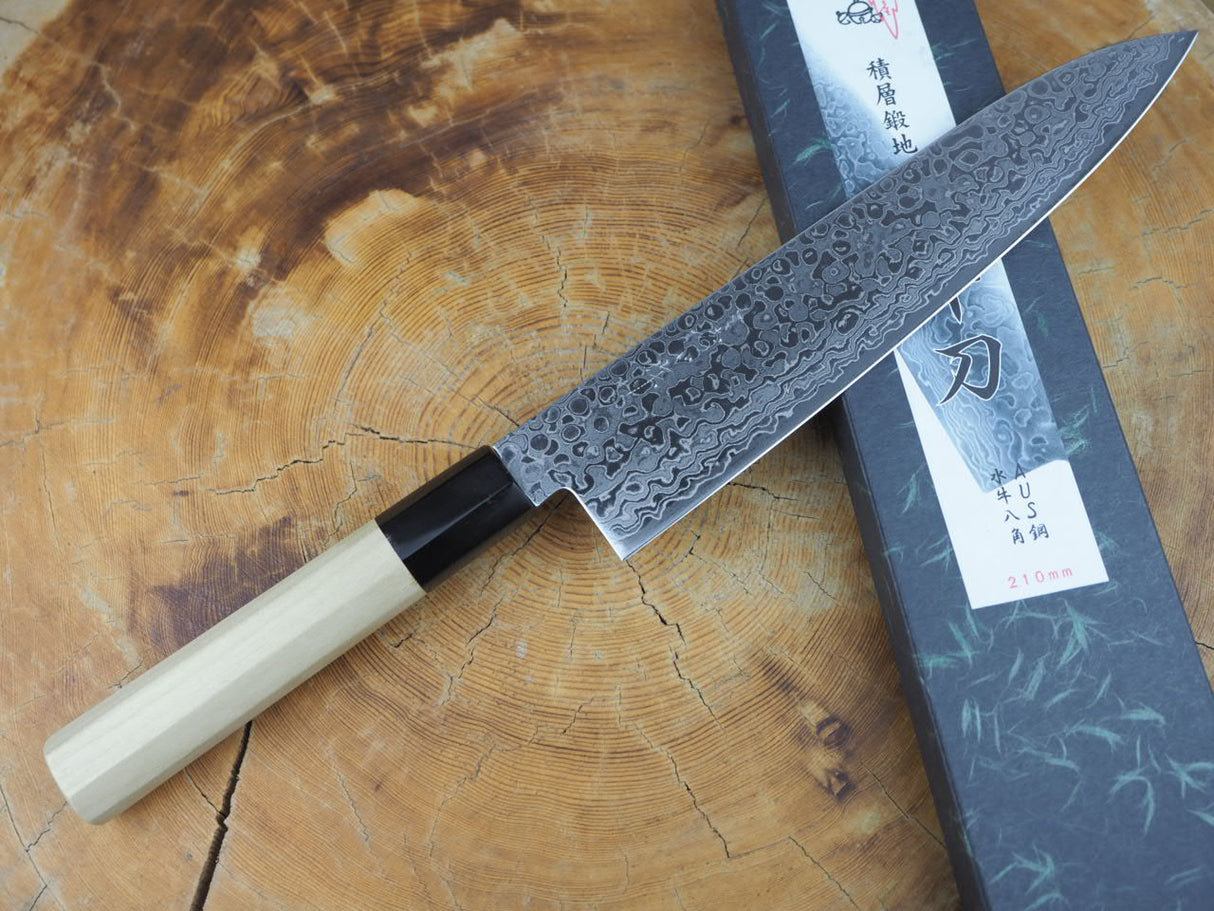 Misuzu Wa-Gyuto AUS10 Core Damascus Steel Magnolia and Buffalo Horn Handle 21cm