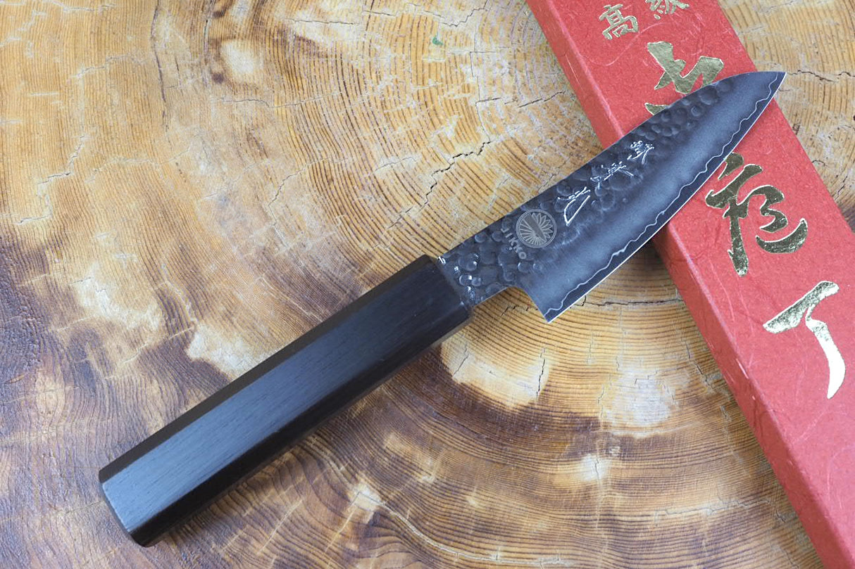 Sakai Jikko "Loco Black" Wa-Paring Knife VG10 Core Hammered Finish Black Japanese Oak Handle (9cm)