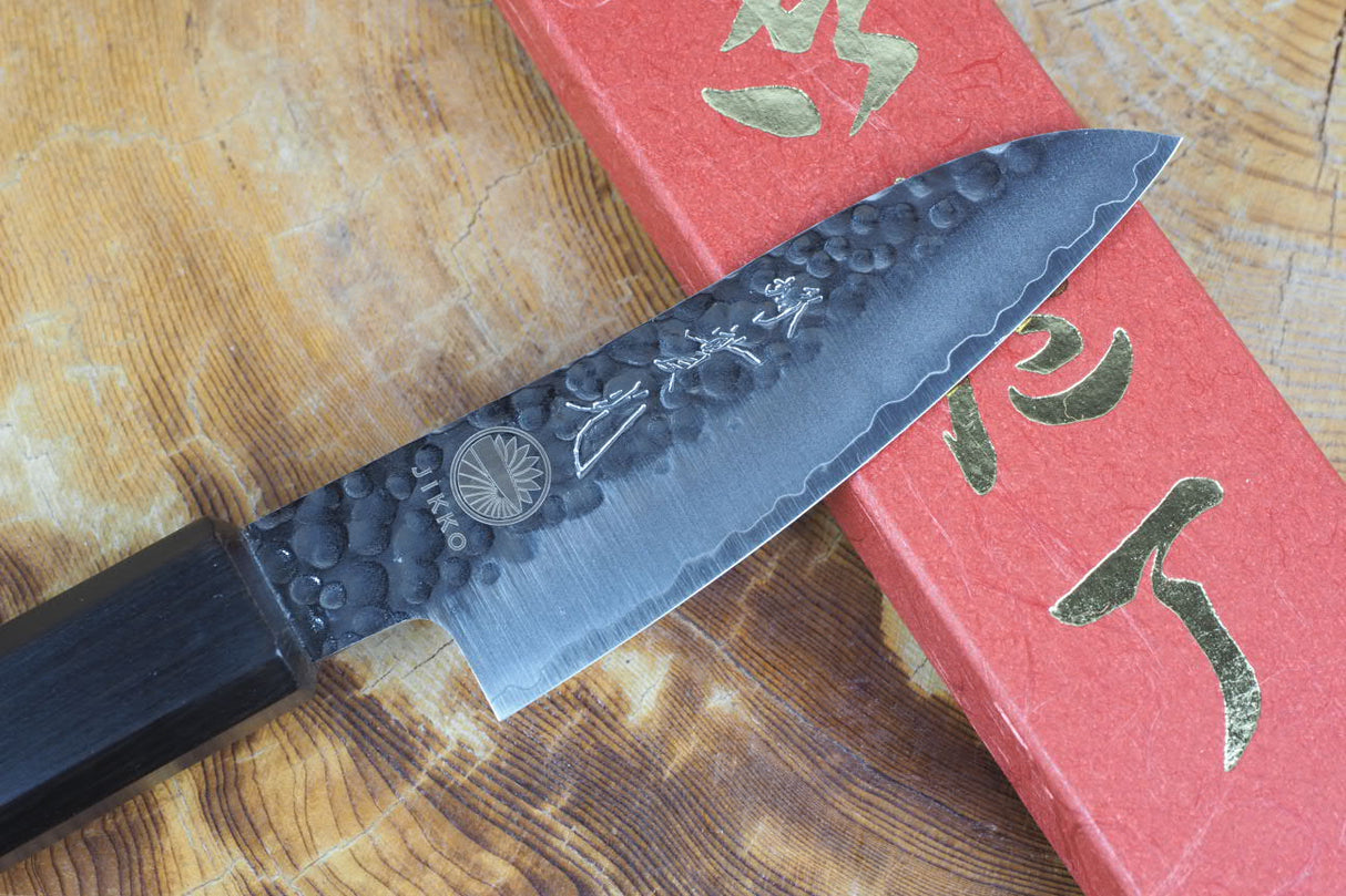 Sakai Jikko "Loco Black" Wa-Paring Knife VG10 Core Hammered Finish Black Japanese Oak Handle (9cm)