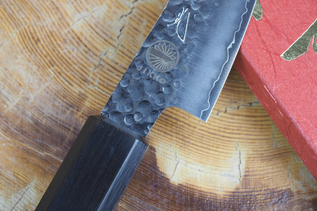 Sakai Jikko "Loco Black" Wa-Paring Knife VG10 Core Hammered Finish Black Japanese Oak Handle (9cm)
