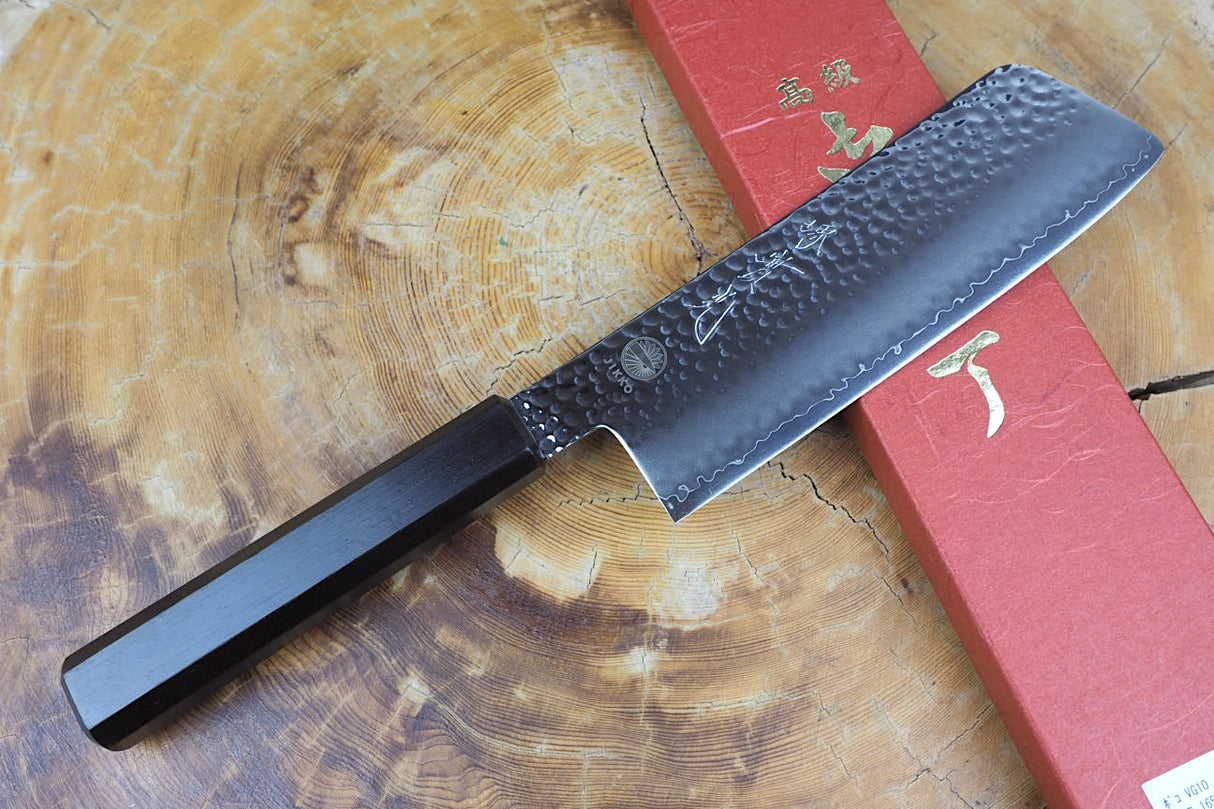 Sakai Jikko "Loco Black" Wa-Nakiri Knife VG10 Core Hammered Finish Black Japanese Oak Handle (16.5cm)