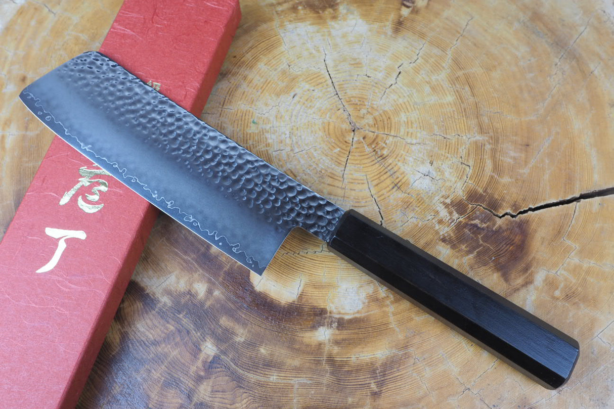 Sakai Jikko "Loco Black" Wa-Nakiri Knife VG10 Core Hammered Finish Black Japanese Oak Handle (16.5cm)