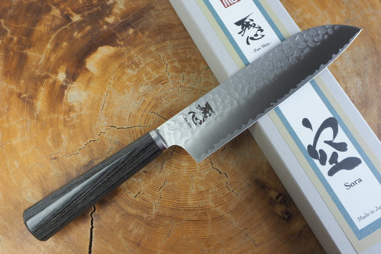 残心 Zan Shin® SORA (from Seki) - VG10 Santoku Hammered Finish with Grey Laminated Plywood Handle 16.5cm