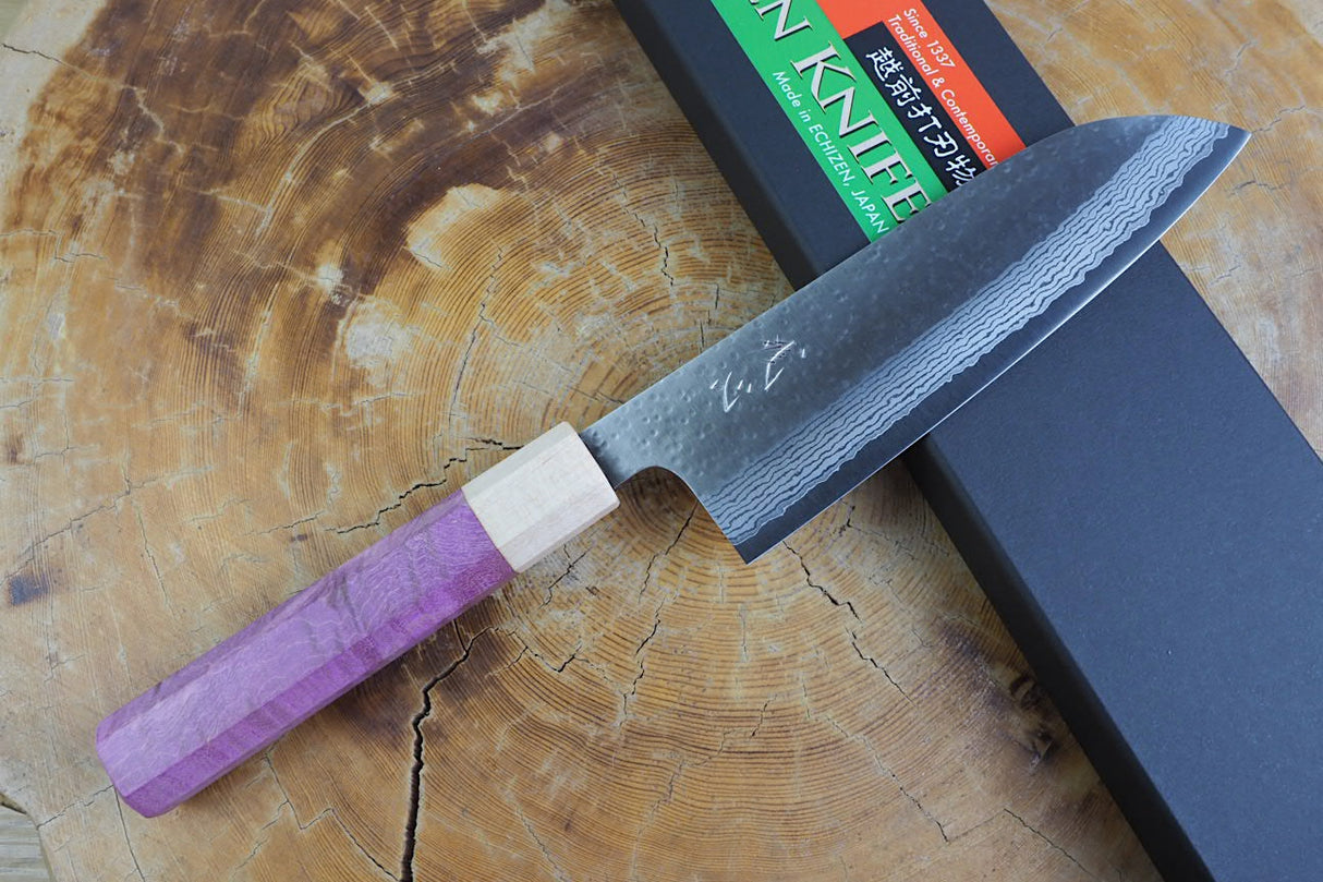 Kamo Knives - VG10 Raindrop Pattern Hammered Santoku 16.5cm with Coloured Stabilized Wood Handle