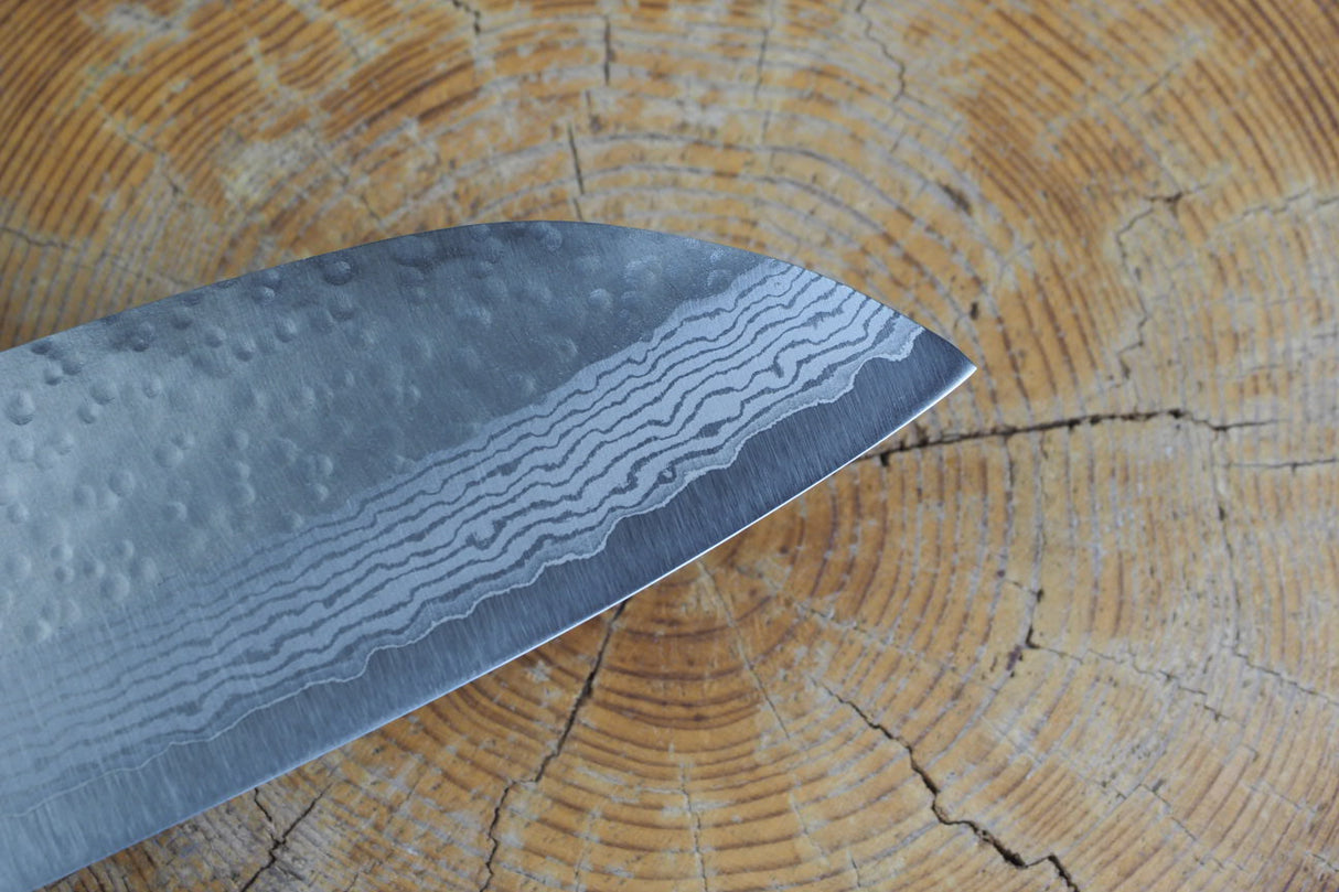 Kamo Knives - VG10 Raindrop Pattern Hammered Santoku 16.5cm with Coloured Stabilized Wood Handle