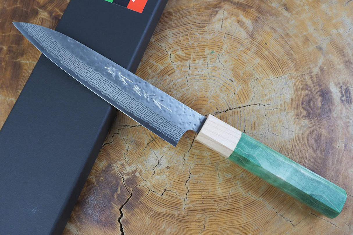 Kamo Knives - VG10 Raindrop Pattern Hammered Petty 15cm with Coloured Stabilized Wood Handle