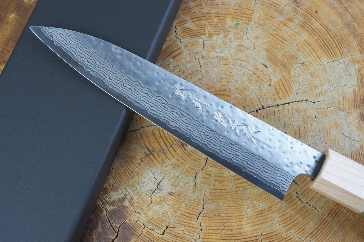 Kamo Knives - VG10 Raindrop Pattern Hammered Petty 15cm with Coloured Stabilized Wood Handle