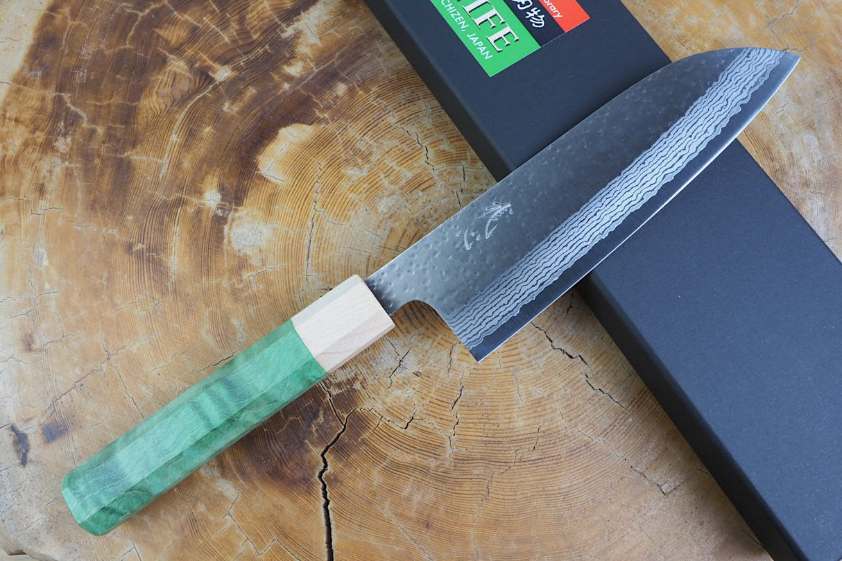 Kamo Knives - VG10 Raindrop Pattern Hammered Santoku 16.5cm with Coloured Stabilized Wood Handle