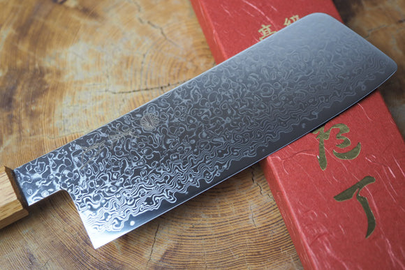Sakai Jikko "Loco Damascus" Wa-Nakiri Knife SG2 Powdered High Speed Steel Mirror-Polished Nickel Damascus with Japanese Oak Handle (16cm)