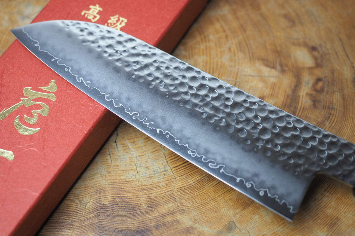 Sakai Jikko "Loco Black" Wa-Santoku Knife VG10 Core Hammered Finish Black Japanese Oak Handle (16.5cm)