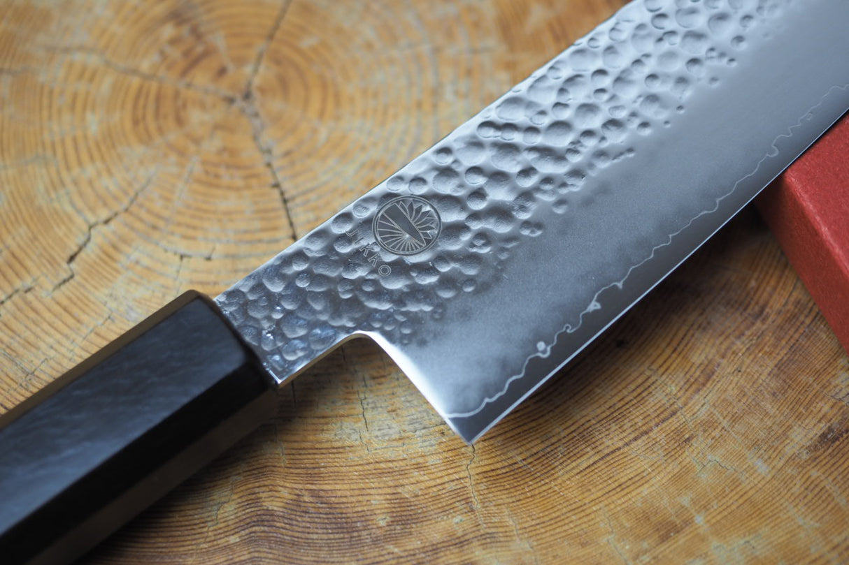 Sakai Jikko "Loco Black" Wa-Santoku Knife VG10 Core Hammered Finish Black Japanese Oak Handle (16.5cm)