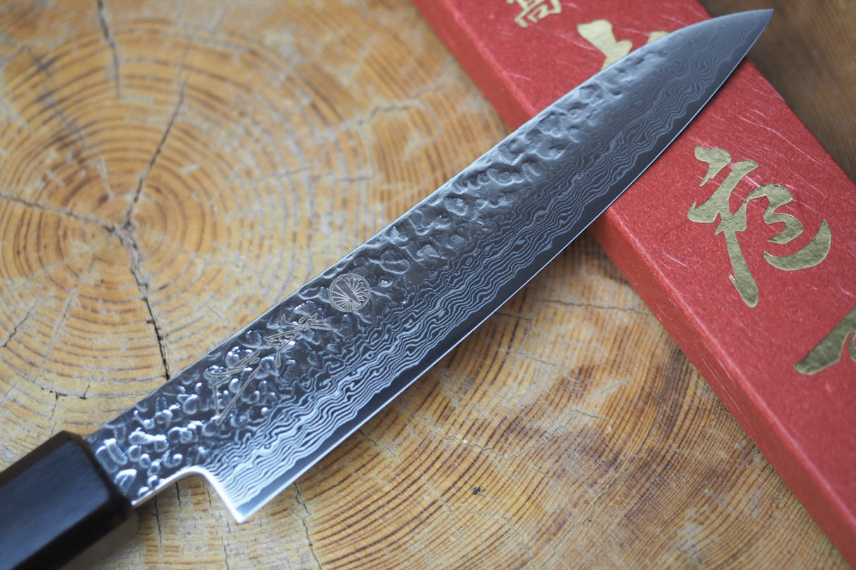 Sakai Jikko "Loco Damascus Black" Wa-Petty Knife SG2 Powdered High Speed Steel Damascus Hammered Finish with Black Japanese Oak Handle (13.5cm)