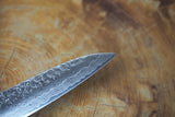 Sakai Jikko "Loco Damascus Black" Wa-Petty Knife SG2 Powdered High Speed Steel Damascus Hammered Finish with Black Japanese Oak Handle (13.5cm)