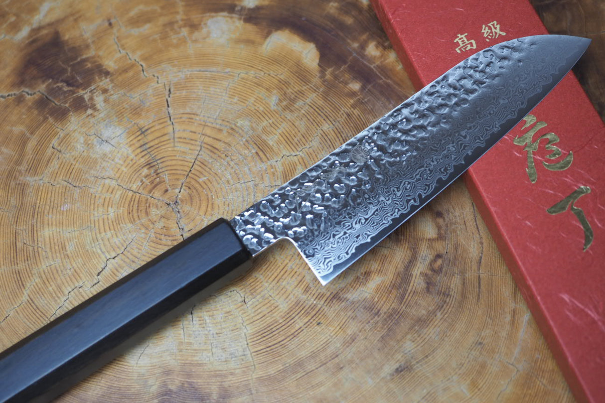 Sakai Jikko "Loco Damascus Black" Wa-Santoku Knife SG2 Powdered High Speed Steel Damascus Hammered Finish with Black Japanese Oak Handle (16.5cm)