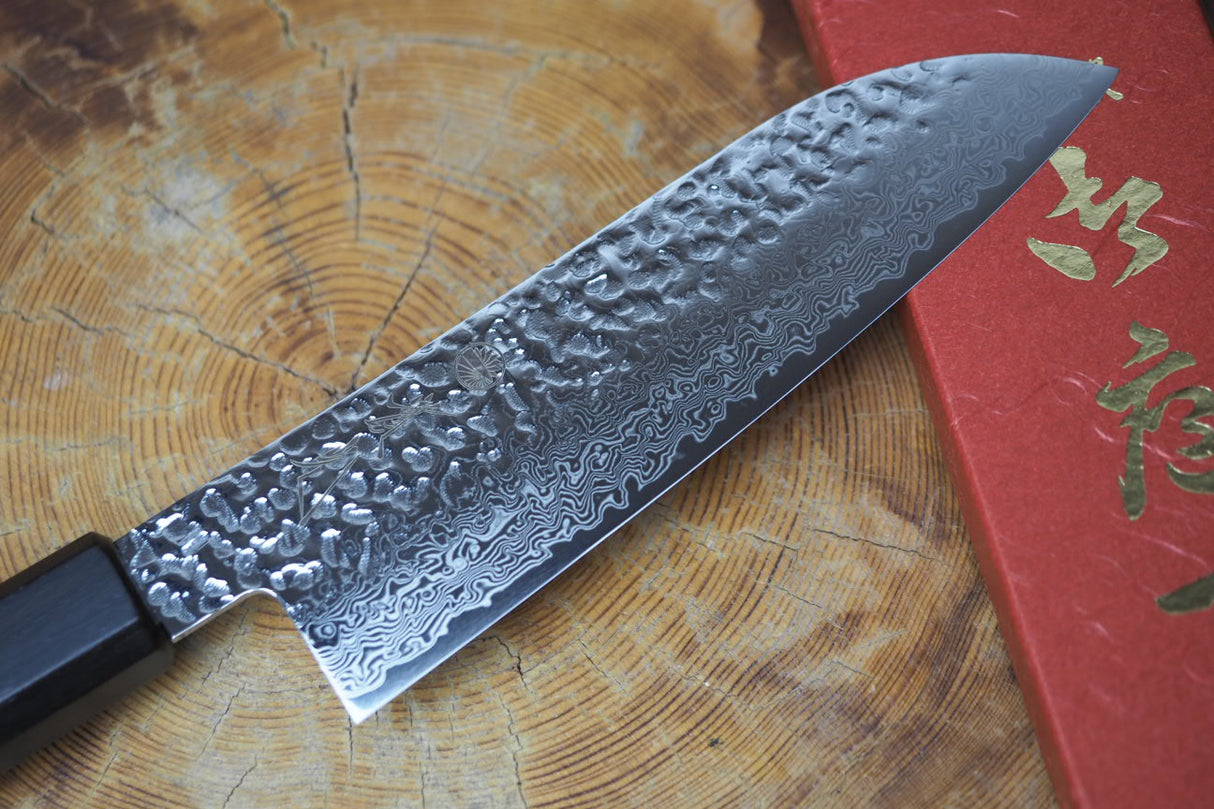 Sakai Jikko "Loco Damascus Black" Wa-Santoku Knife SG2 Powdered High Speed Steel Damascus Hammered Finish with Black Japanese Oak Handle (16.5cm)