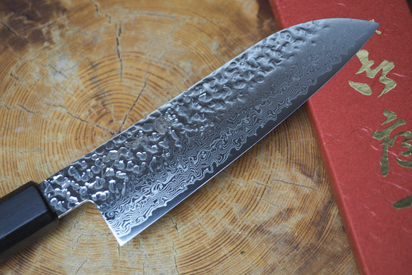 Sakai Jikko "Loco Damascus Black" Wa-Santoku Knife SG2 Powdered High Speed Steel Damascus Hammered Finish with Black Japanese Oak Handle (16.5cm)