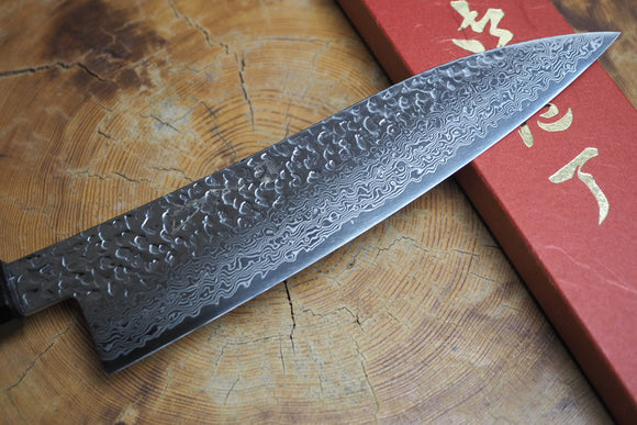 Sakai Jikko "Loco Damascus Black" Wa-Gyuto Knife SG2 Powdered High Speed Steel Damascus Hammered Finish with Black Japanese Oak Handle (21cm)