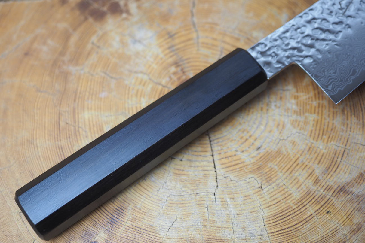 Sakai Jikko "Loco Damascus Black" Wa-Gyuto Knife SG2 Powdered High Speed Steel Damascus Hammered Finish with Black Japanese Oak Handle (21cm)