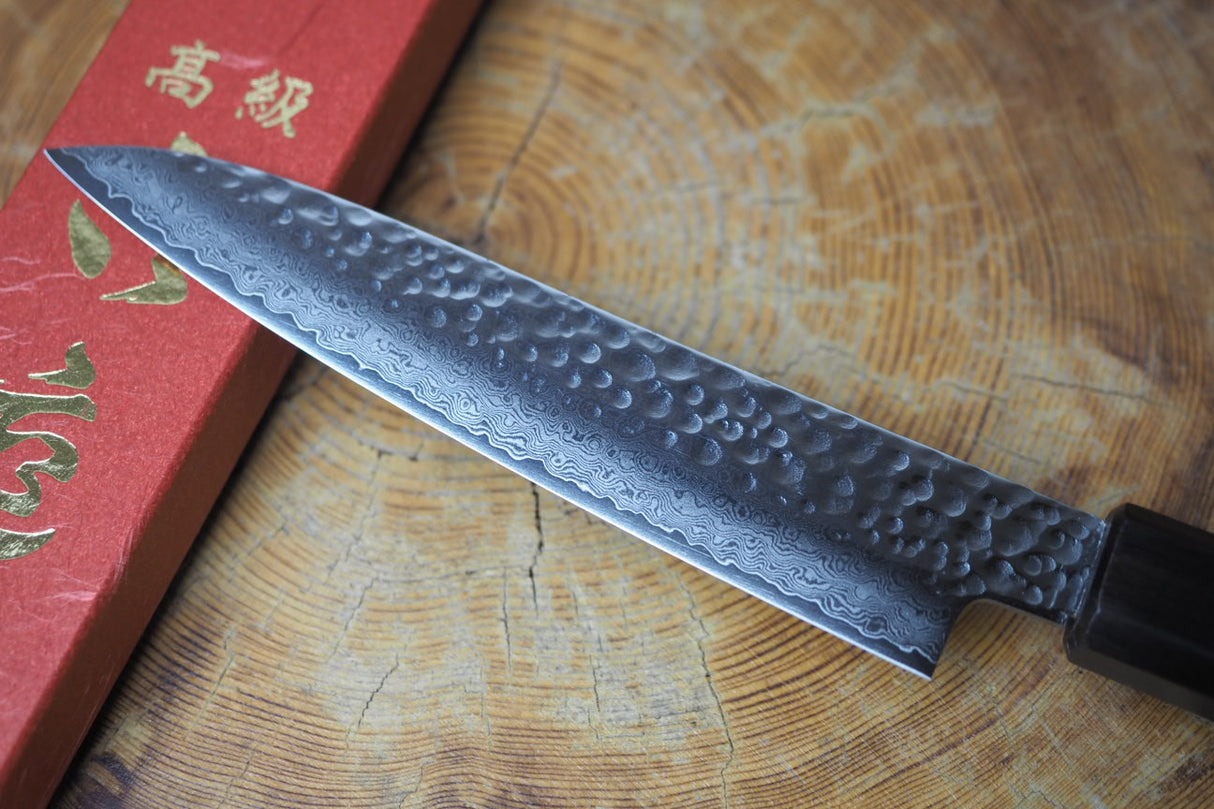 Sakai Jikko "Loco Damascus Black" Wa-Petty Knife VG10 Damascus Hammered Finish with Black Japanese Oak Handle (13.5cm)