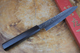 Sakai Jikko "Loco Damascus Black" Wa-Petty Knife SG2 Powdered High Speed Steel Damascus Hammered Finish with Black Japanese Oak Handle (13.5cm)