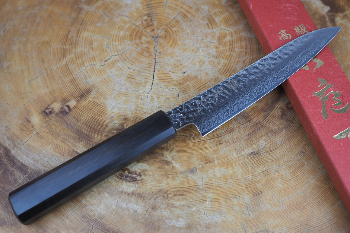 Sakai Jikko "Loco Damascus Black" Wa-Petty Knife SG2 Powdered High Speed Steel Damascus Hammered Finish with Black Japanese Oak Handle (13.5cm)