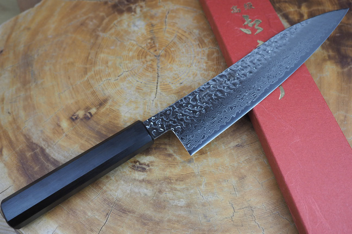 Sakai Jikko "Loco Damascus Black" Wa-Gyuto Knife SG2 Powdered High Speed Steel Damascus Hammered Finish with Black Japanese Oak Handle (21cm)