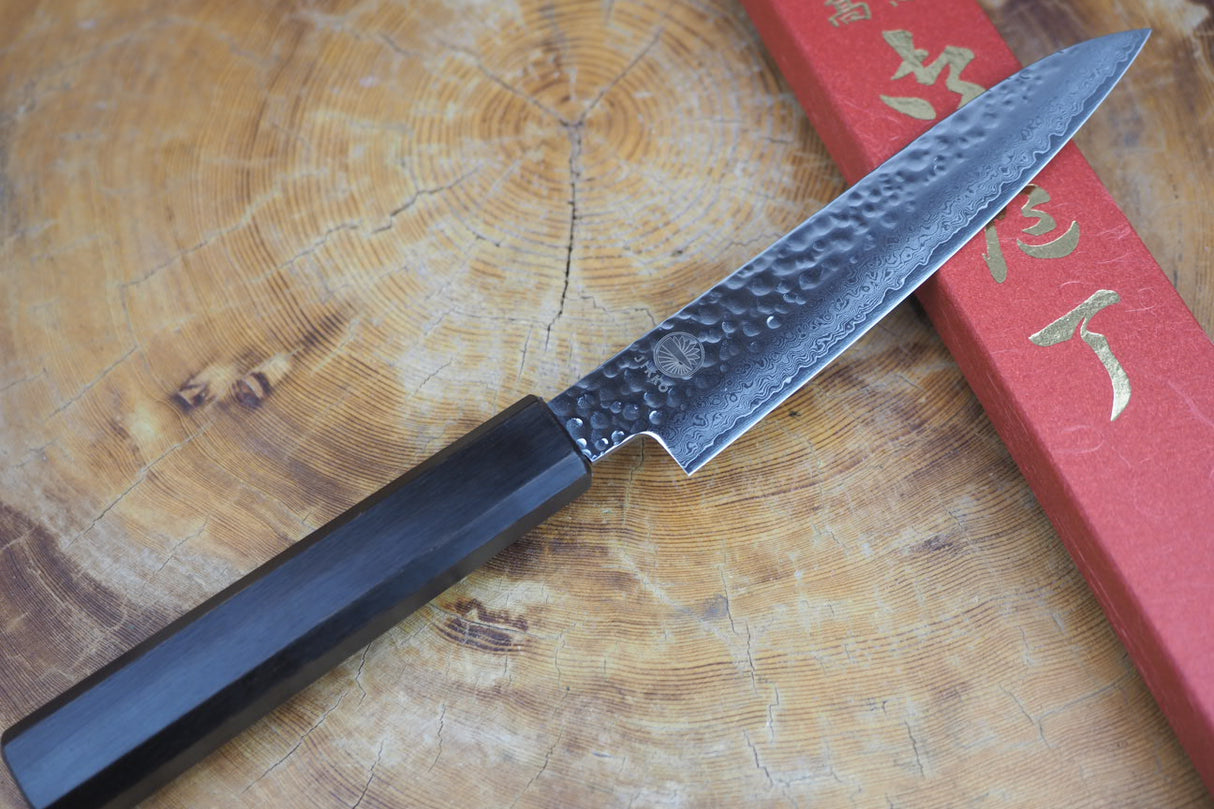 Sakai Jikko "Loco Damascus Black" Wa-Petty Knife VG10 Damascus Hammered Finish with Black Japanese Oak Handle (13.5cm)