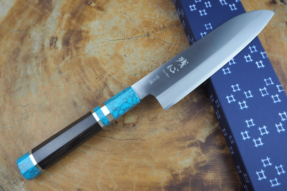 残心 Zan Shin REN (from Seki) - Blue Super steel Santoku with Ebony & Blue Turquoise-colour Handle  18cm