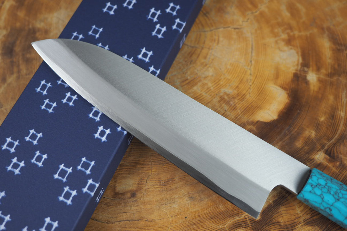 残心 Zan Shin REN (from Seki) - Blue Super steel Santoku with Ebony & Blue Turquoise-colour Handle  18cm