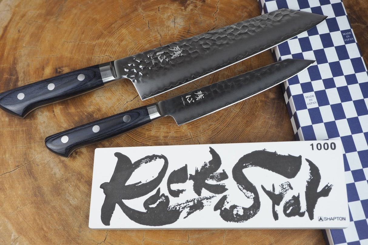 Zan Shin AO 2 knife set - AUS10 Bunka (19cm) and Petty (13.5cm) & Rockstar #1000 bundle