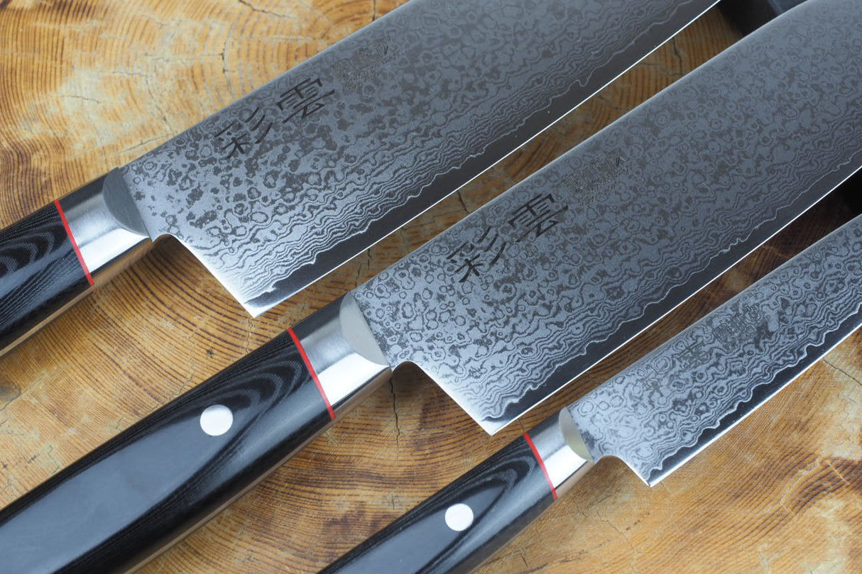 Seki Kanetsugu - Saiun 3 knife set VG10 Damascus with Micarta handle Gyuto 23cm, Santoku 17cm and Petty 12cm