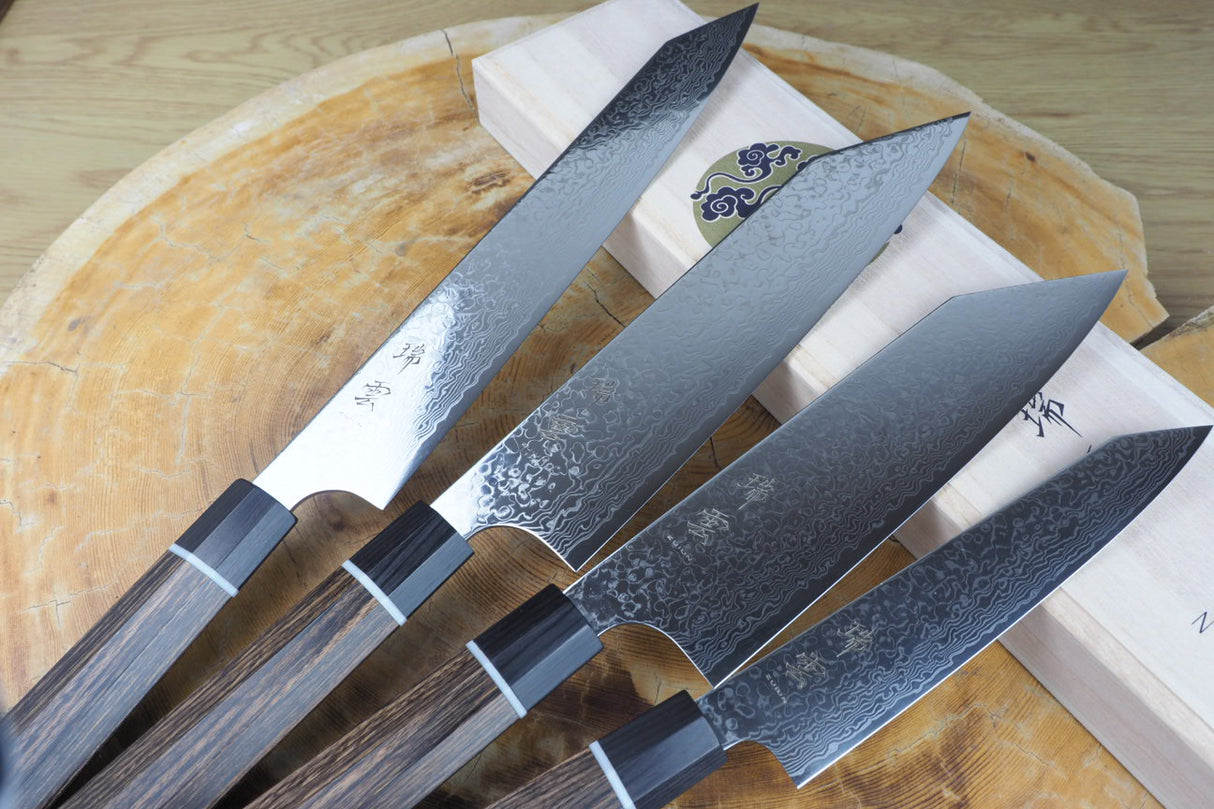 Seki Kanetsugu - Zuiun Complete Set SG2 High Speed Powdered Steel Kiritsuke (K-tip)Sujihiki, Gyuto, Santoku and Petty (custom sheath included)