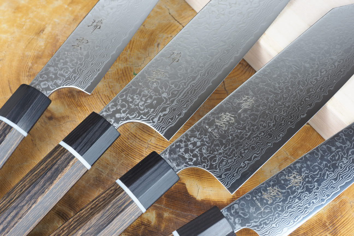 Seki Kanetsugu - Zuiun Complete Set SG2 High Speed Powdered Steel Kiritsuke (K-tip)Sujihiki, Gyuto, Santoku and Petty (custom sheath included)