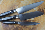 Seki Kanetsugu - Saiun 3 knife set VG10 Damascus with Micarta handle Gyuto 23cm, Santoku 17cm and Petty 12cm