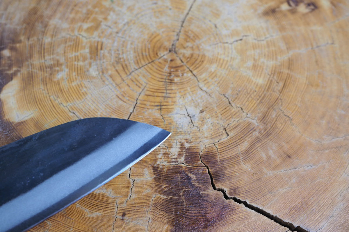 Tosa Tadayoshi (from Tosa) - Hand Forged Kurouchi White-1 steel Santoku with Quince handle