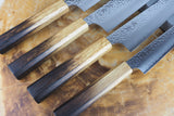 Seki Kanetsugu - Shiun 4 knife Set VG10 Steel Burnt Lacquer Handle Gyuto, Santoku, Nakiri and Petty