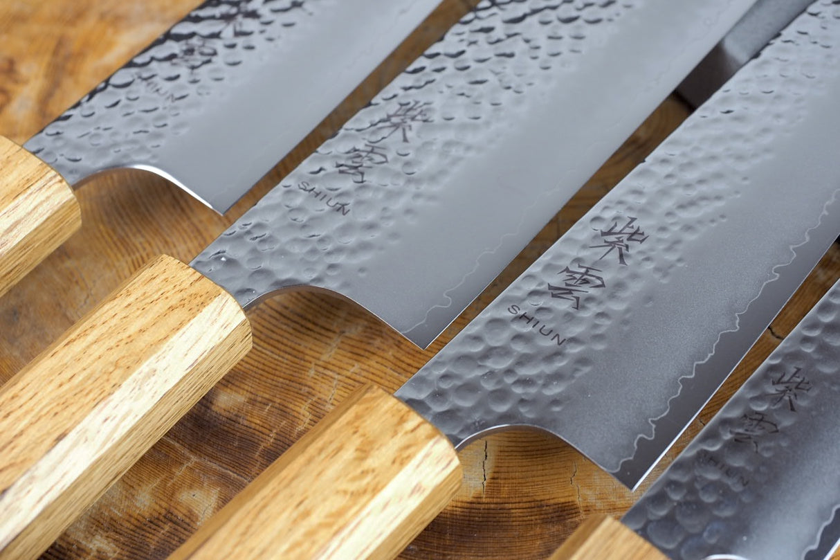 Seki Kanetsugu - Shiun 4 knife Set VG10 Steel Burnt Lacquer Handle Gyuto, Santoku, Nakiri and Petty