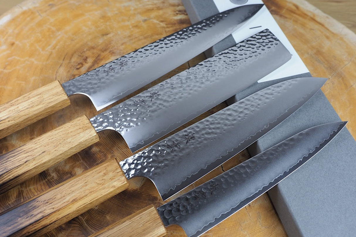 Seki Kanetsugu - Shiun 4 knife Set VG10 Steel Burnt Lacquer Handle Gyuto, Santoku, Nakiri and Petty