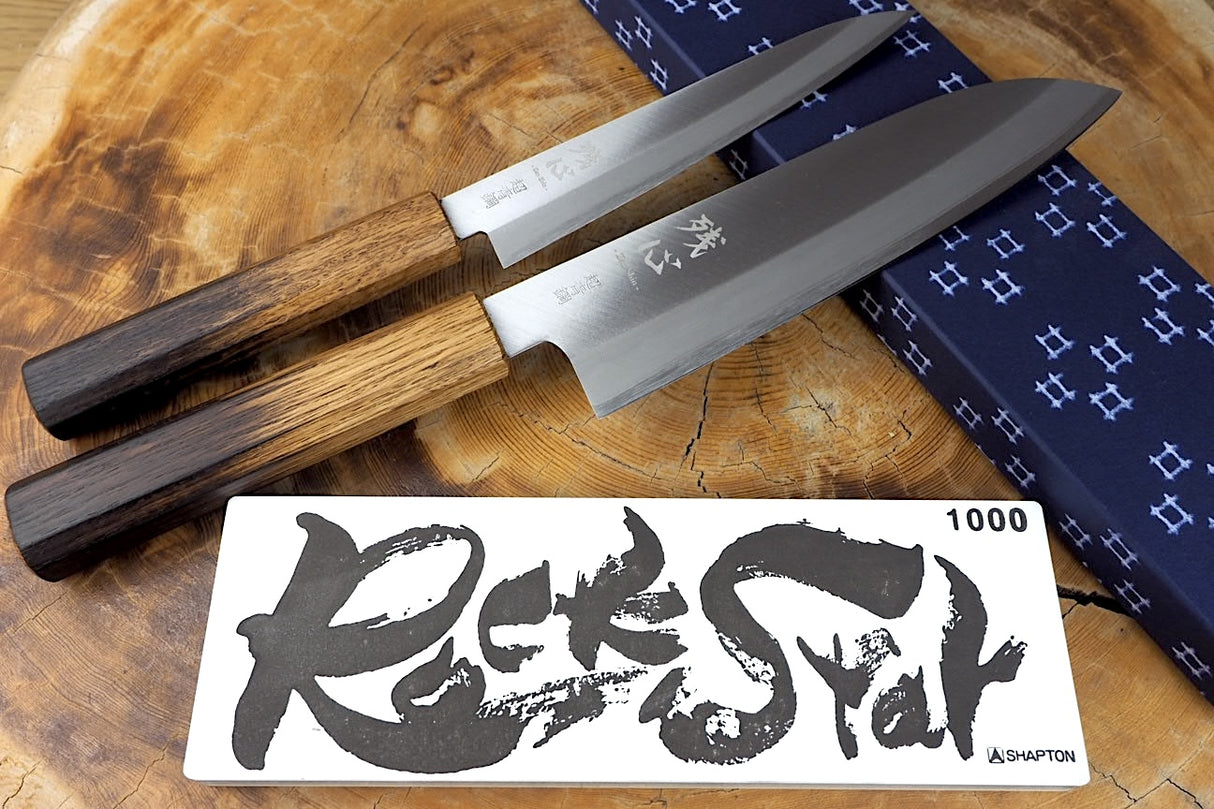 Zan Shin REN 2 knife set - Blue Super Santoku (18cm) and Petty (14.5cm) & Rockstar #1000 bundle