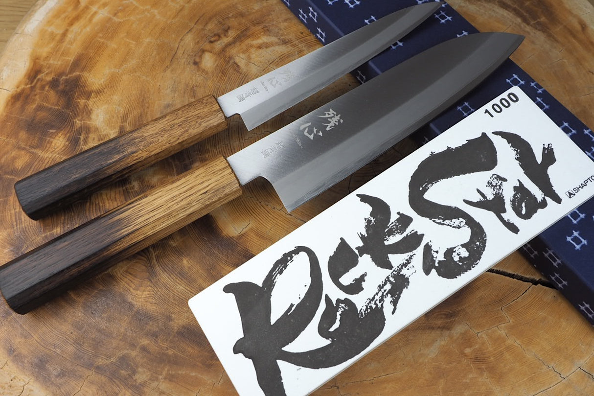 Zan Shin REN 2 knife set - Blue Super Santoku (18cm) and Petty (14.5cm) & Rockstar #1000 bundle