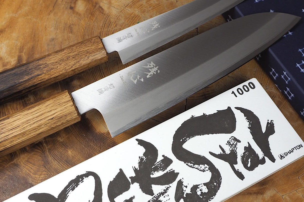 Zan Shin REN 2 knife set - Blue Super Santoku (18cm) and Petty (14.5cm) & Rockstar #1000 bundle