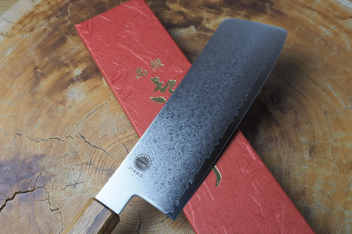 Sakai Jikko "Loco Damascus" Wa-Nakiri Knife VG10 Mirror-Polished Nickel Damascus with Japanese Oak Handle (16cm)