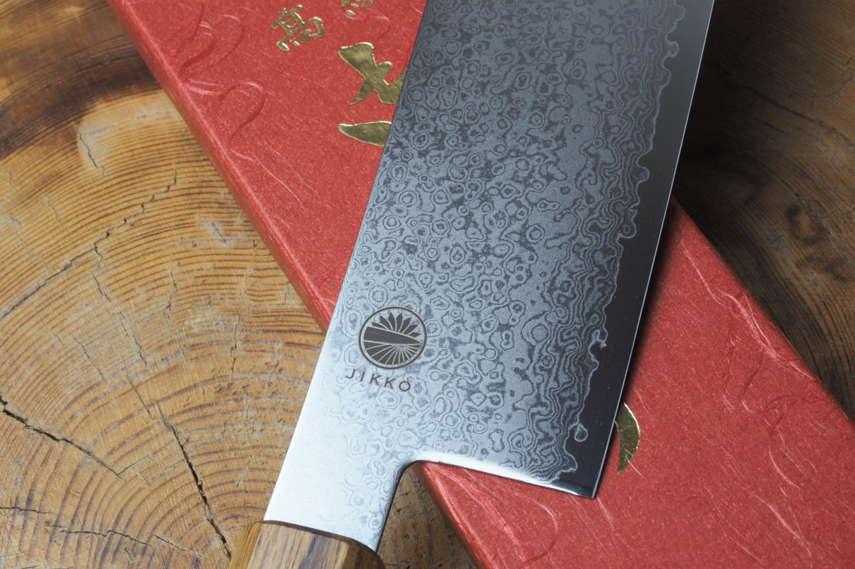 Sakai Jikko "Loco Damascus" Wa-Nakiri Knife VG10 Mirror-Polished Nickel Damascus with Japanese Oak Handle (16cm)