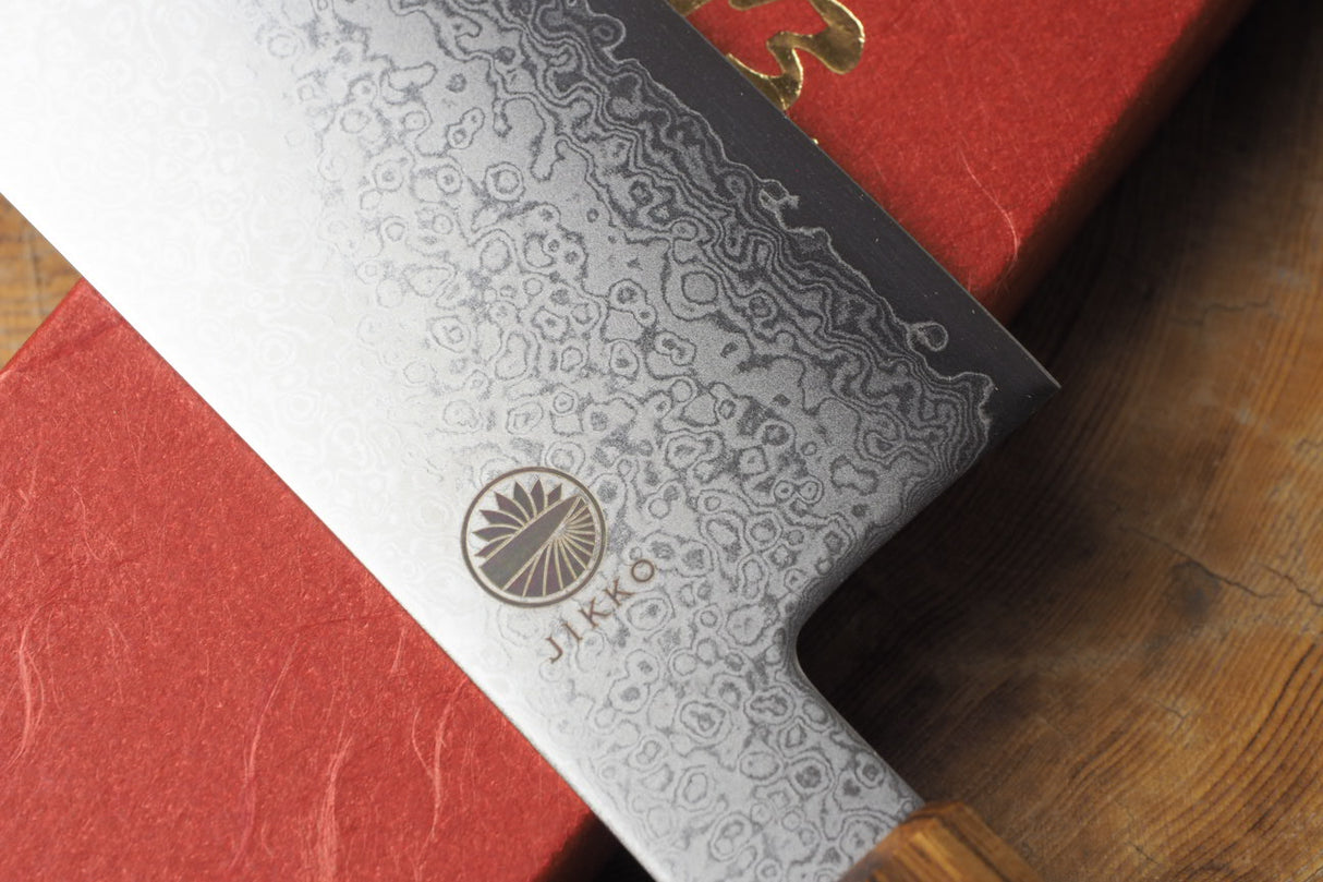 Sakai Jikko "Loco Damascus" Wa-Nakiri Knife VG10 Mirror-Polished Nickel Damascus with Japanese Oak Handle (16cm)