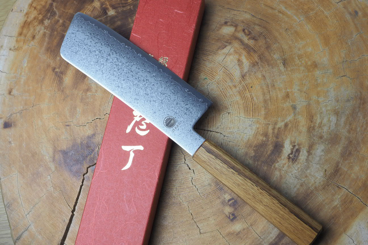 Sakai Jikko "Loco Damascus" Wa-Nakiri Knife VG10 Mirror-Polished Nickel Damascus with Japanese Oak Handle (16cm)