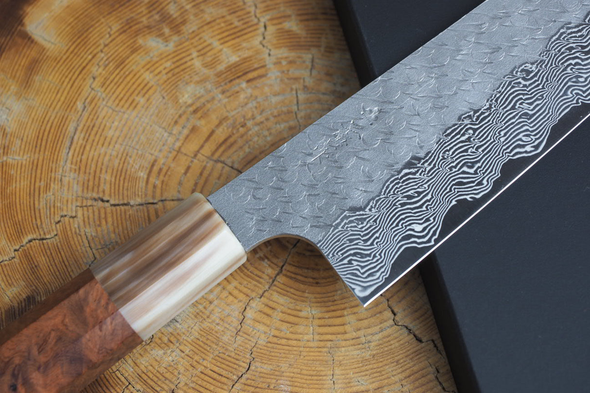 Nigara Hamono - SPG Strix Damascus Gyuto (Chef's Knife) with Bubinga Double Marble Buffalo Horn Handle 21cm