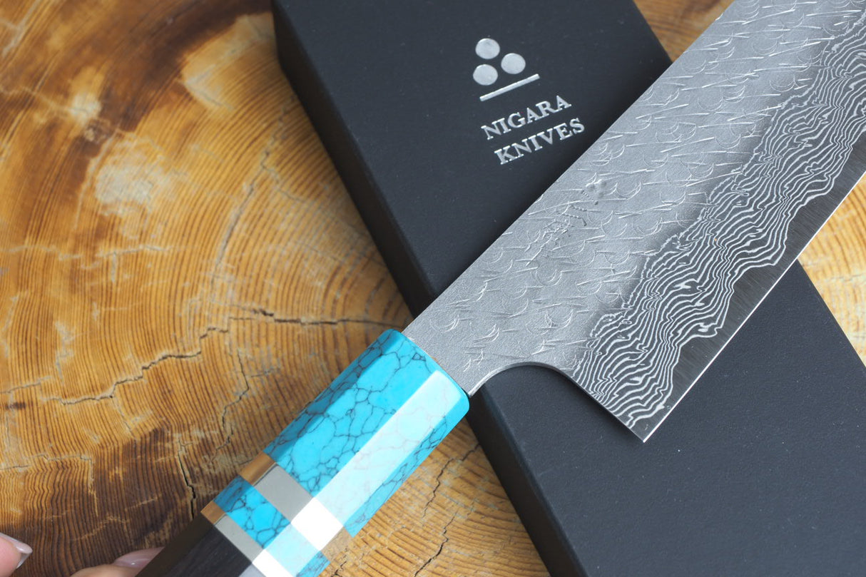 Nigara Hamono - SPG Strix Damascus Gyuto (Chef's Knife) 21cm with Turquoise-colour handle