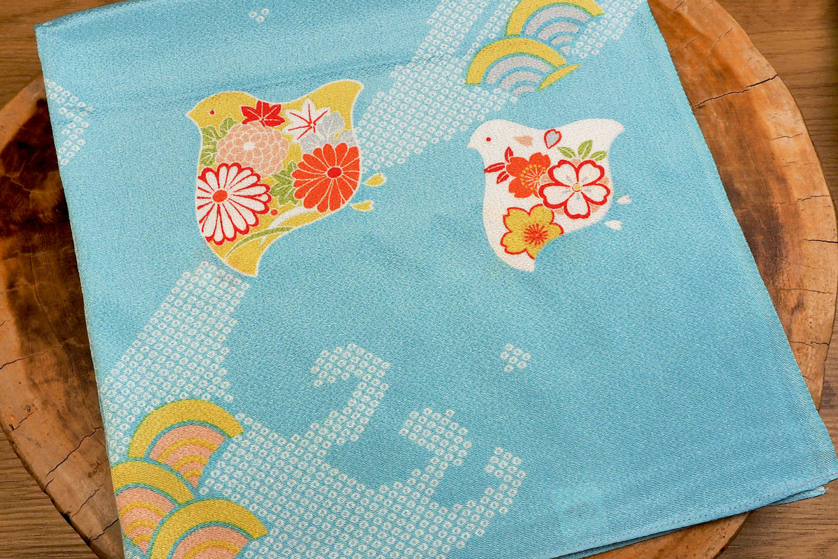 "Furoshiki" Wrapping Cloth - Rayon Chirimen Koyomi | Plovers With Wave Blue (68cm x 68cm)
