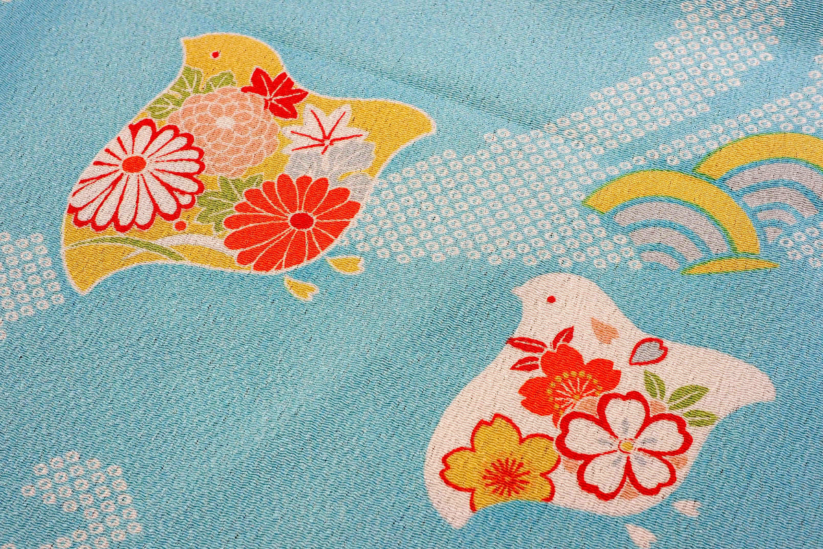"Furoshiki" Wrapping Cloth - Rayon Chirimen Koyomi | Plovers With Wave Blue (68cm x 68cm)