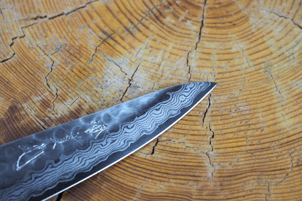 Sakai Jikko Paring Knife-Damascus with hammered finish (8cm)